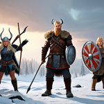 A Balanced Hero Squad**

Prompt: "A group of diverse heroes standing ready for battle in a snowy Swedish landscape. Include a strong, Viking-like tank hero with a shield, a blonde archer DPS hero with a bow, and a Valkyrie support hero with glowing wings. The style should be vibrant and heroic, reminiscent of classic fantasy art, with a touch of Swedish folk art influences in the character designs. Emphasize the teamwork and complementary roles of the heroes."

**