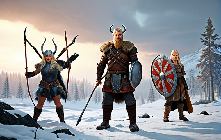 A Balanced Hero Squad**
Prompt: "A group of diverse heroes standing ready for battle in a snowy Swedish landscape. Include a strong, Viking-like tank hero with a shield, a blonde archer DPS hero with a bow, and a Valkyrie support hero with glowing wings. The style should be vibrant and heroic, reminiscent of classic fantasy art, with a touch of Swedish folk art influences in the character designs. Emphasize the teamwork and complementary roles of the heroes."
**