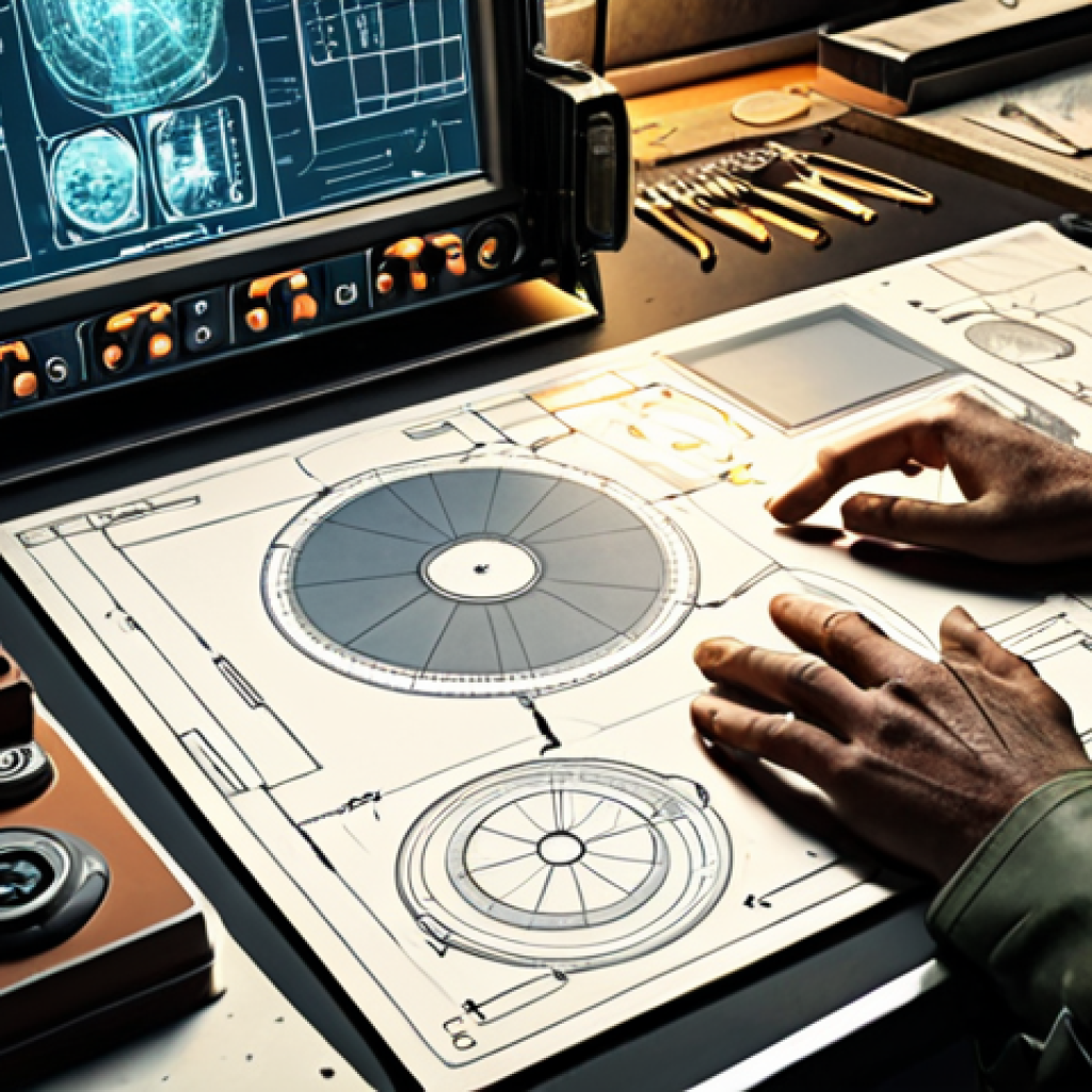 **Prompt:** "A cluttered workbench illuminated by a soft lamp. Blueprint sketches of futuristic military gear, gleaming metal parts, and digital displays showing resource allocation. A focused commander's hand hovering over a holographic interface. Warm, inviting, slightly messy. Swedish workshop aesthetic."