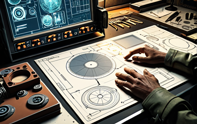 **Prompt:** "A cluttered workbench illuminated by a soft lamp. Blueprint sketches of futuristic military gear, gleaming metal parts, and digital displays showing resource allocation. A focused commander's hand hovering over a holographic interface. Warm, inviting, slightly messy. Swedish workshop aesthetic."
